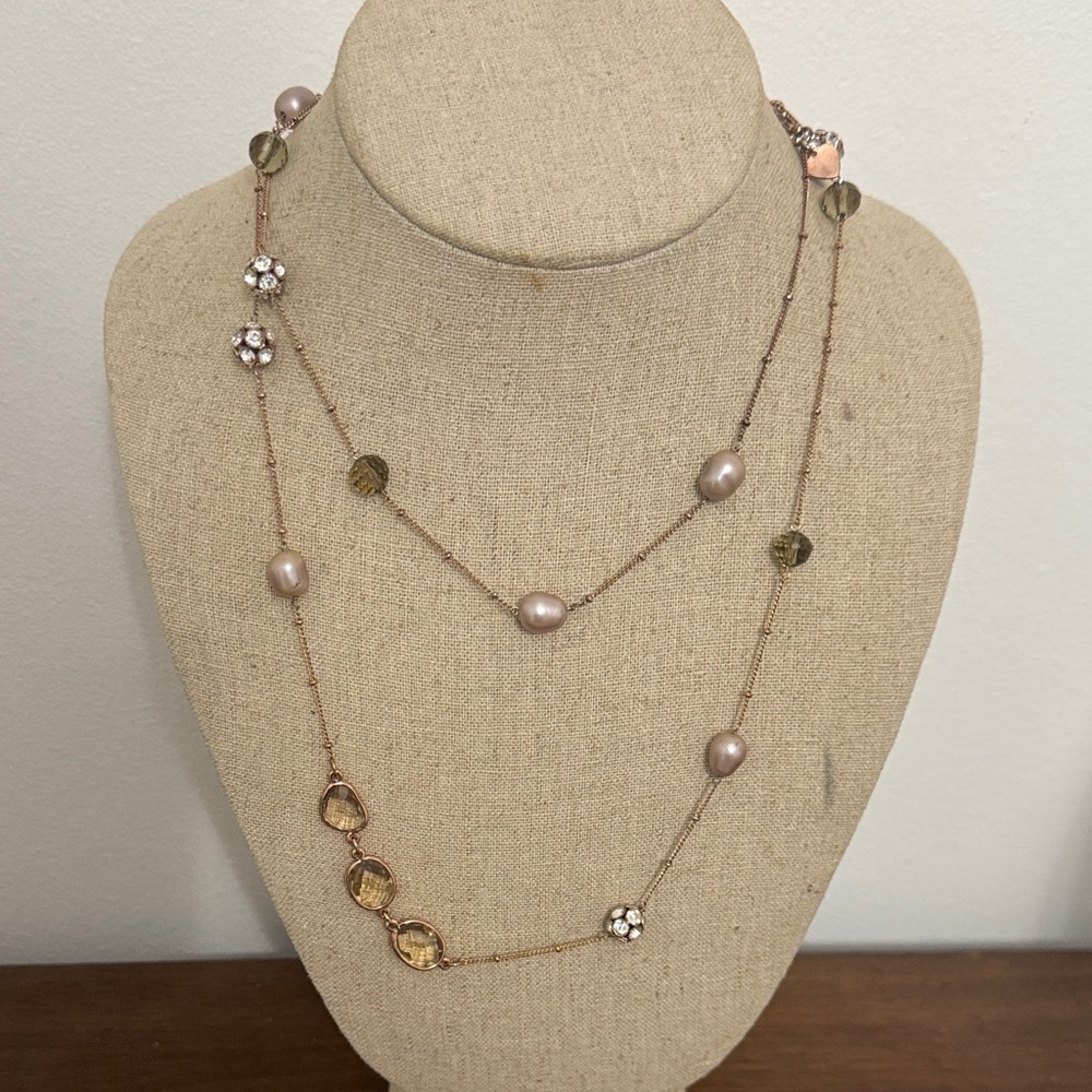 Stella & Dot Annabelle Rose Gold and Crystal and Pearl Layered Necklace